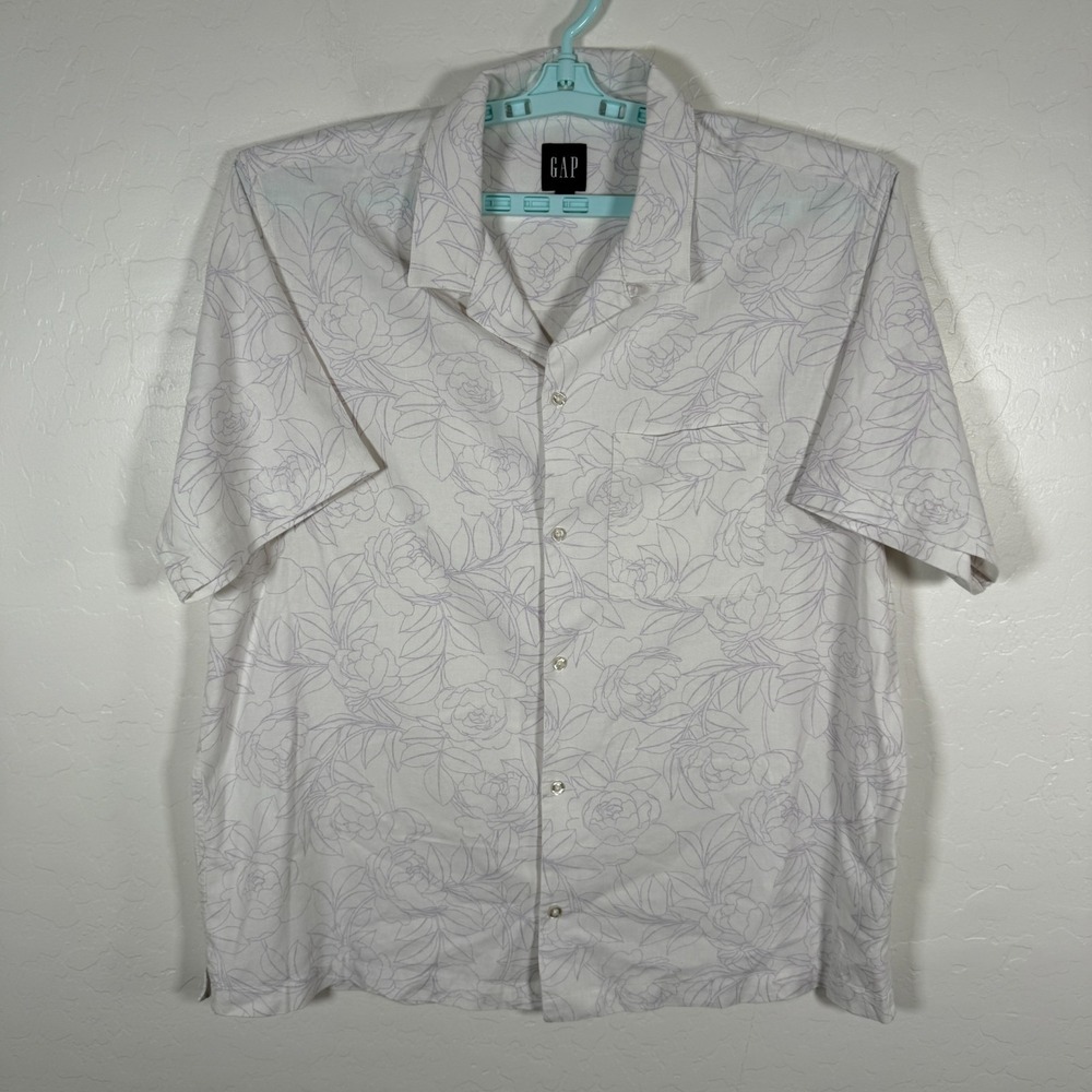 Gap Shirt Mens XL White Purple Button Up Camp Hawaiian Floral Linen Blend